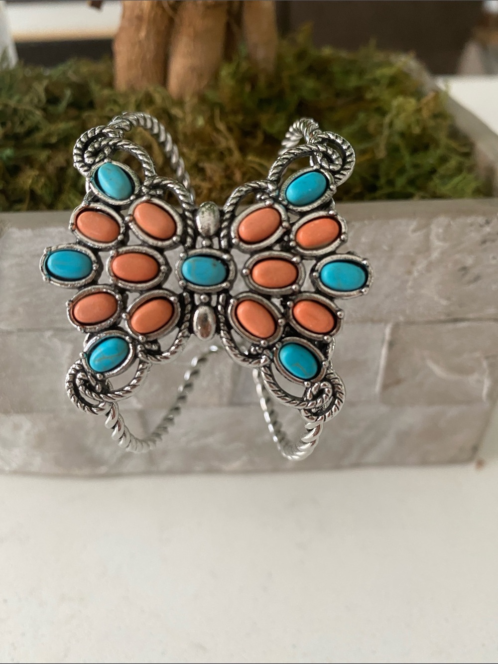 Silver Butterfly Cuff Bracelet with Turquoise Blue and Coral Stones